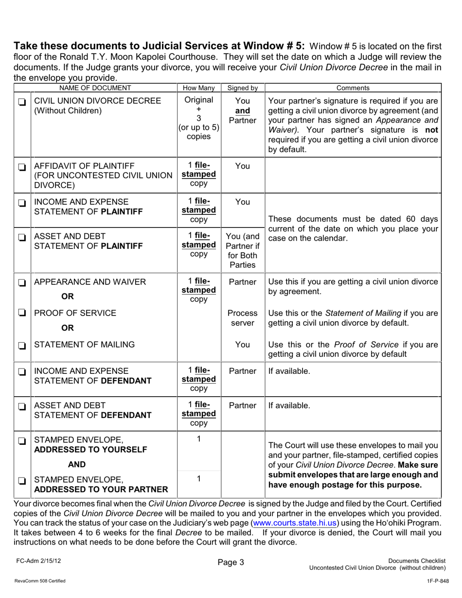 Form 1F-P-848 Document Checklist for Uncontested Civil Union Divorce (Without Children) - Hawaii, Page 3