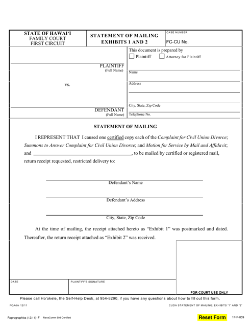 Form 1F-P-839 Exhibit 1, 2 Statement of Mailing - Hawaii