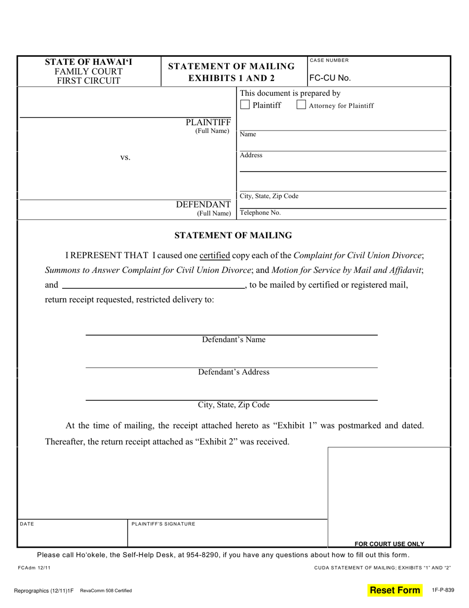 Form 1F-P-839 Exhibit 1, 2 Statement of Mailing - Hawaii, Page 1