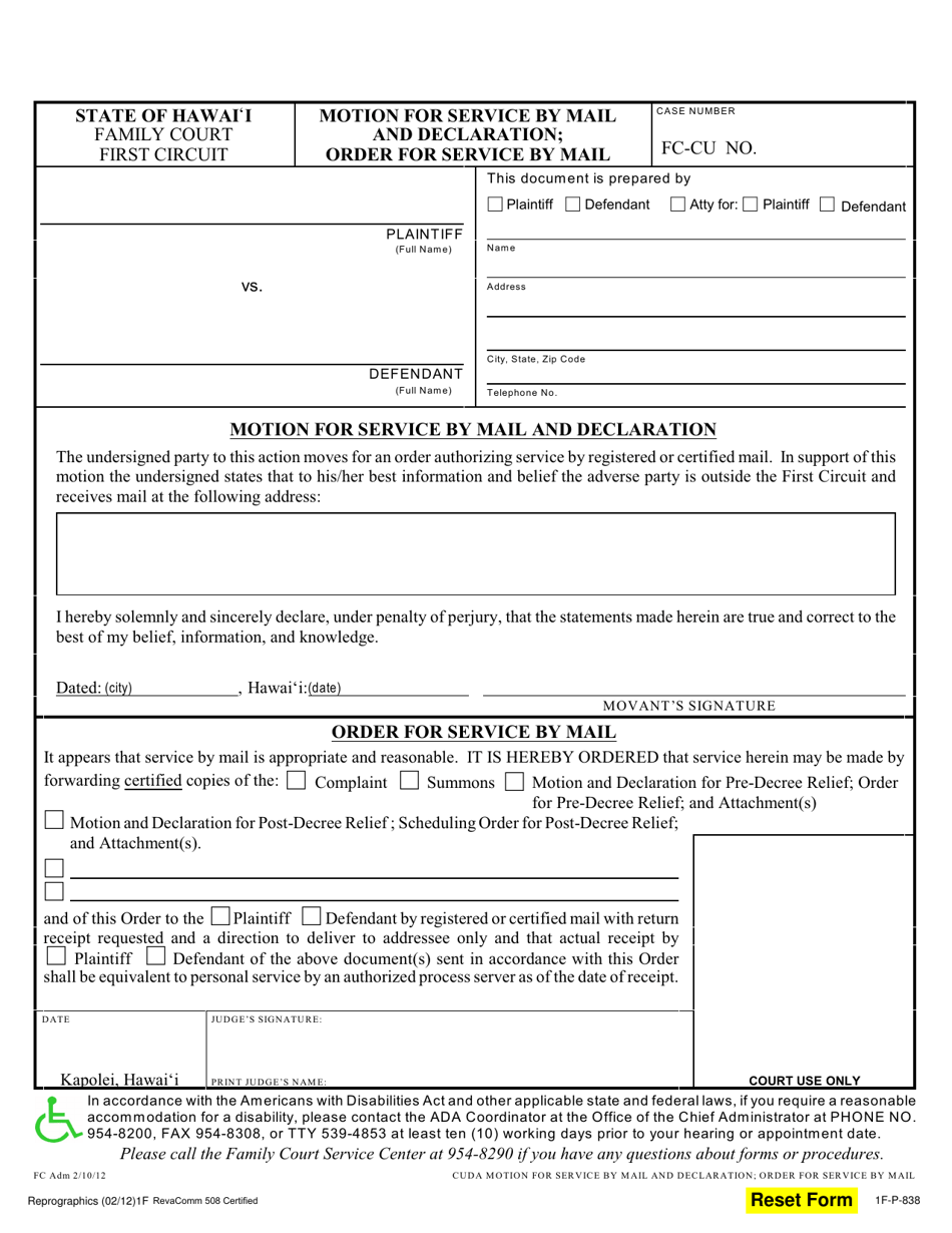 Form 1F-P-838 Motion for Service by Mail and Declaration - Hawaii, Page 1