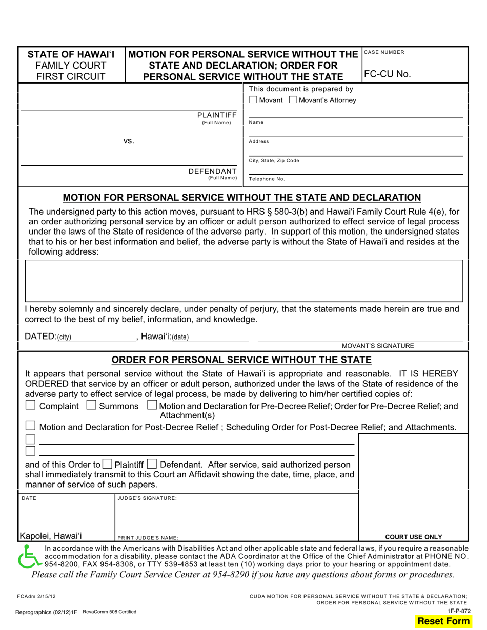 Form 1F-P-872 Motion for Personal Service Without the State and Declaration; Order for Personal Service Without the State - Hawaii, Page 1