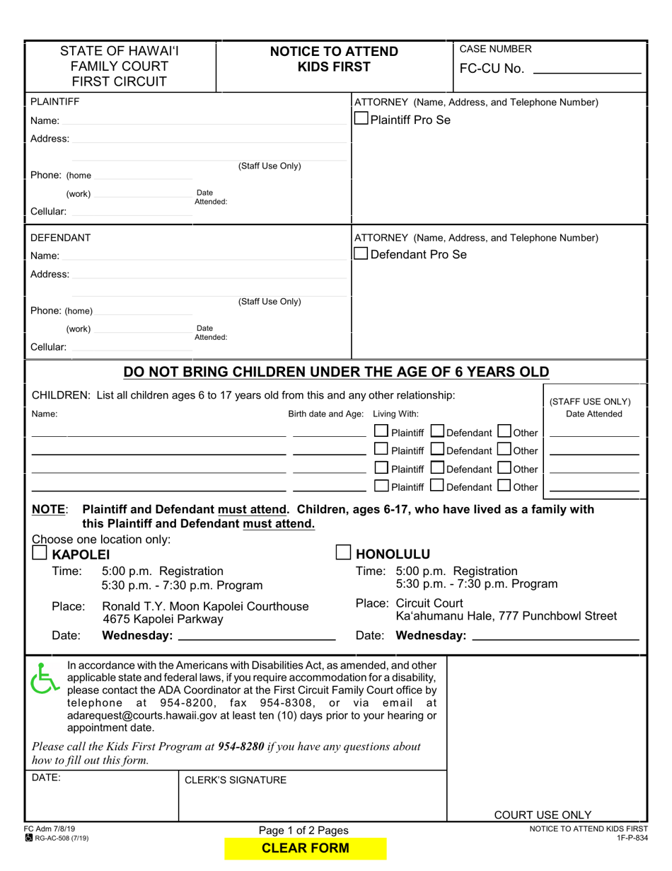 Form 1F-P-834 Notice to Attend Kids First - Hawaii, Page 1