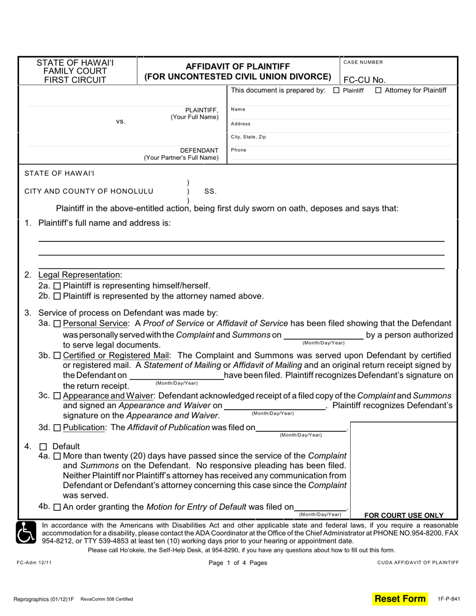 Form 1F-P-841 Affidavit of Plantiff (For Uncontested Civil Union Divorce) - Hawaii, Page 1