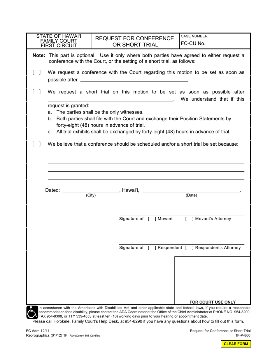 Form 1F-P-860 Request for Conference or Short Trial - Hawaii, Page 1