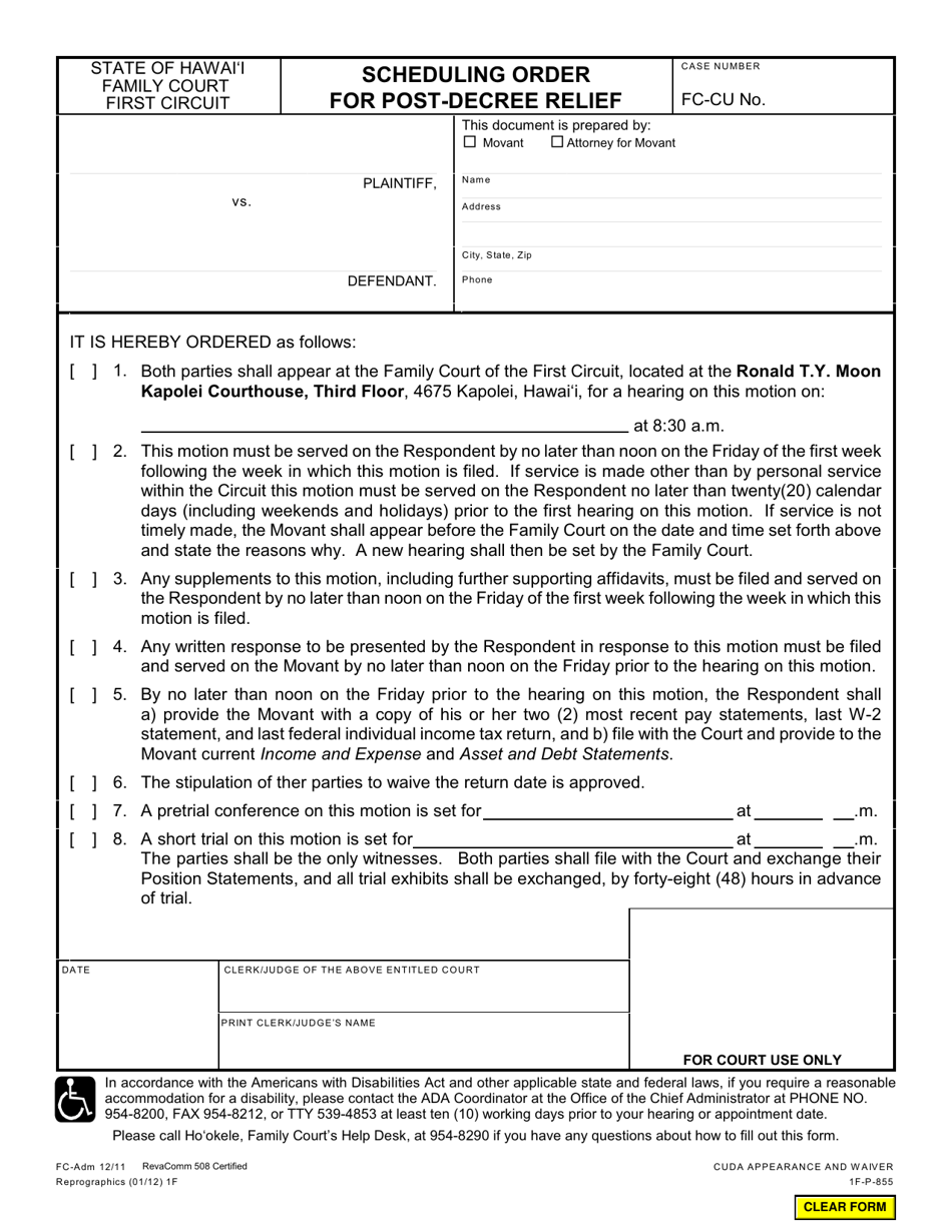 Form 1F-P-855 Scheduling Order for Post-decree Relief - Hawaii, Page 1