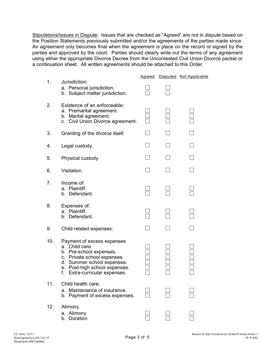 Form 1F-P-852 Motion to Set Conference Order (Pretrial Order No.1) - Hawaii, Page 3