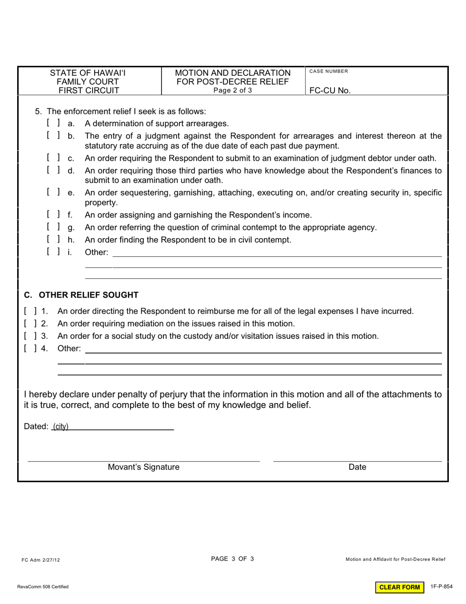 Form 1F-P-854 Motion and Declaration for Post-decree Relief - Hawaii, Page 3