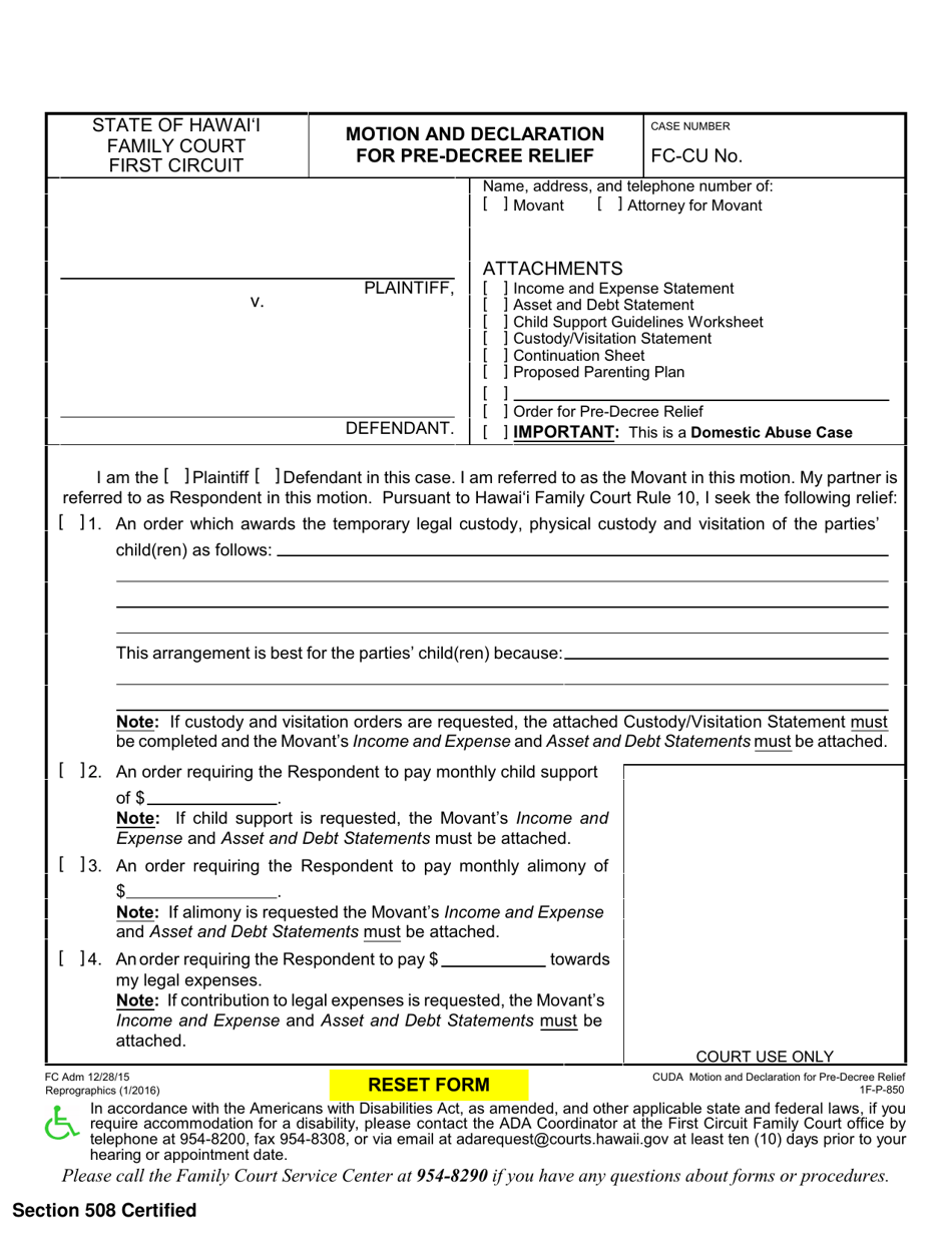 Form 1F-P-850 Motion and Declaration for Pre-decree Relief - Hawaii, Page 1