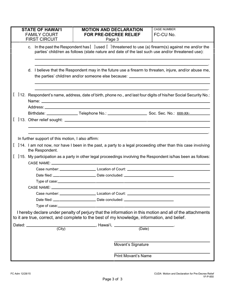 Form 1F-P-850 Motion and Declaration for Pre-decree Relief - Hawaii, Page 3