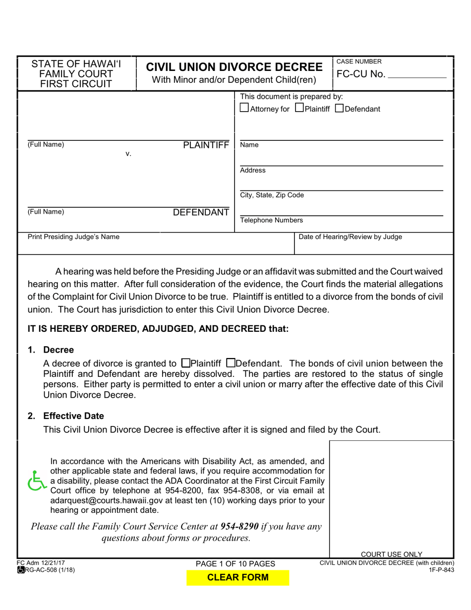 Form 1F-P-843 Civil Union Divorce Decree - Hawaii, Page 1