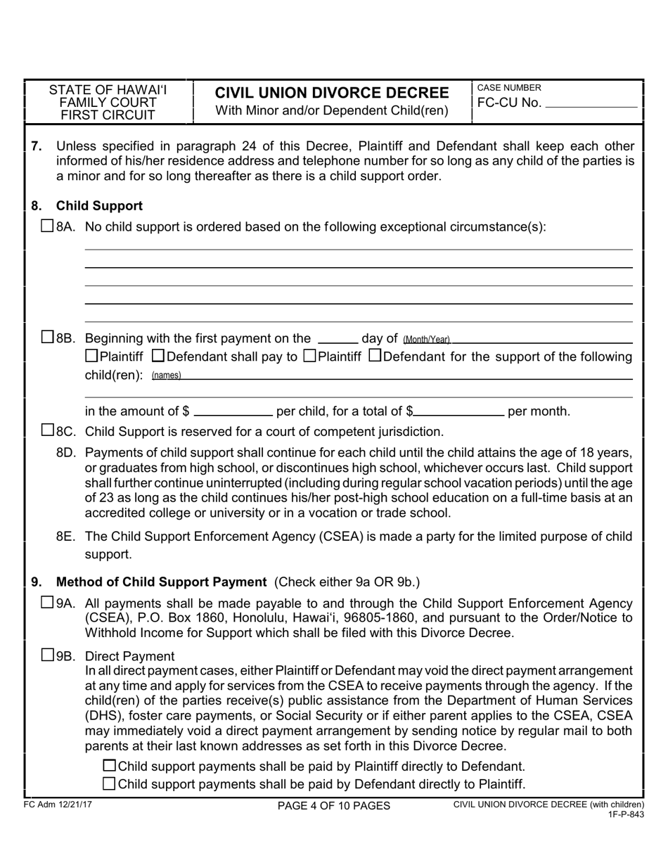 Form 1F-P-843 Civil Union Divorce Decree - Hawaii, Page 4