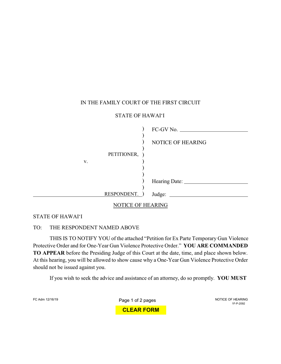 Form 1F-P-2092 Notice of Hearing - Hawaii, Page 1