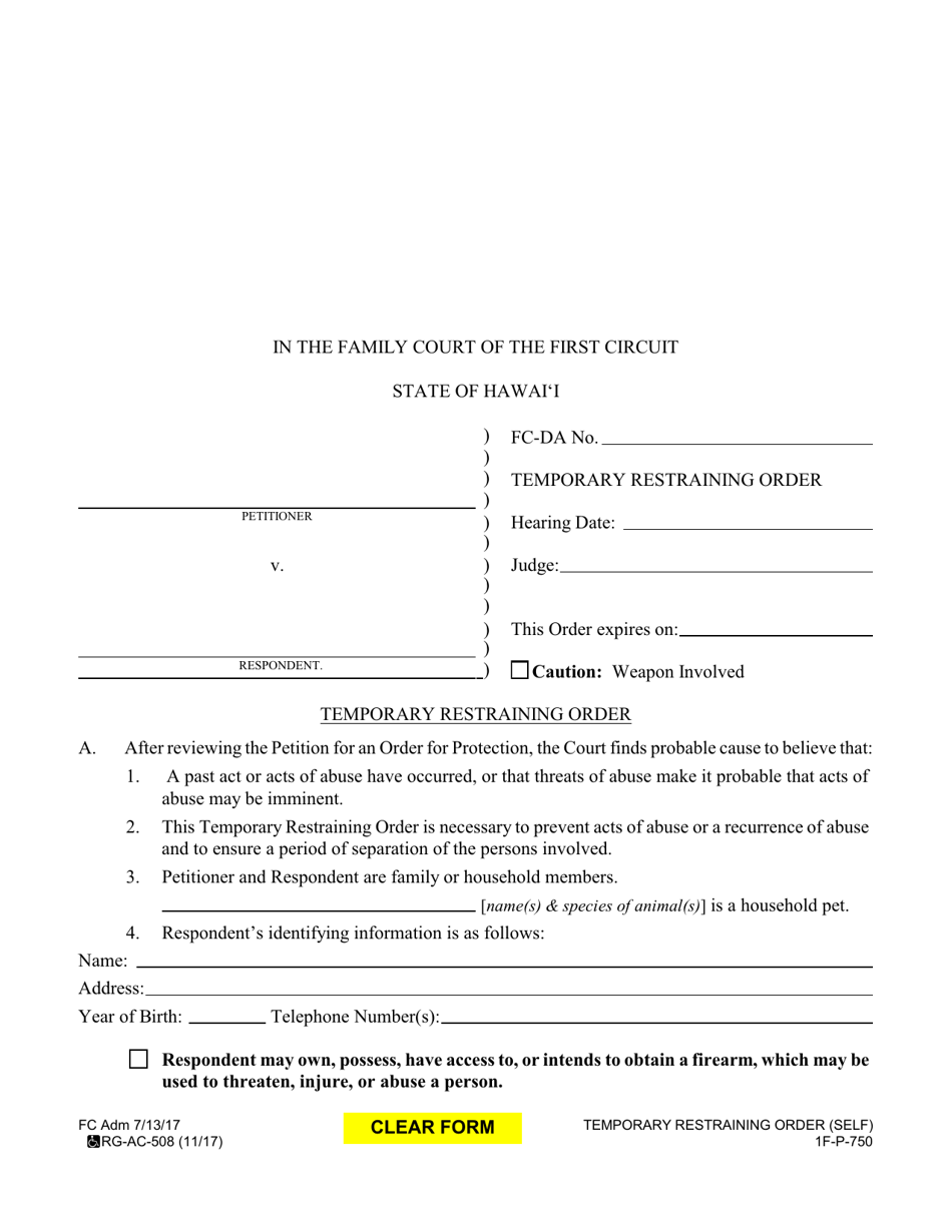 Form 1F-P-750 Temporary Restraining Order - Hawaii, Page 1