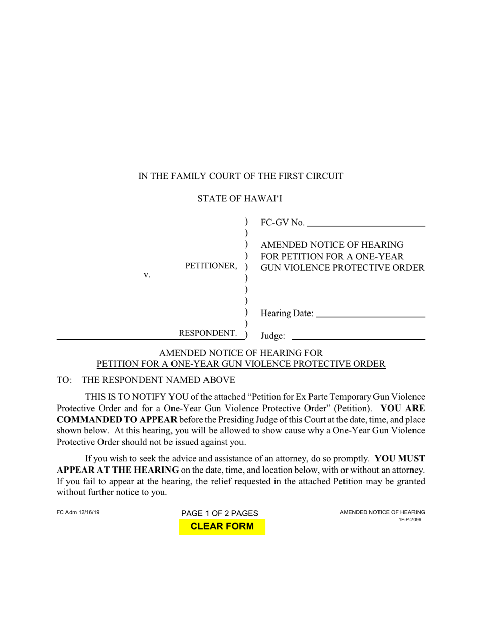 Form 1F-P-2096 Amended Notice of Hearing for Petition for a One-Year Gun Violence Protective Order - Hawaii, Page 1