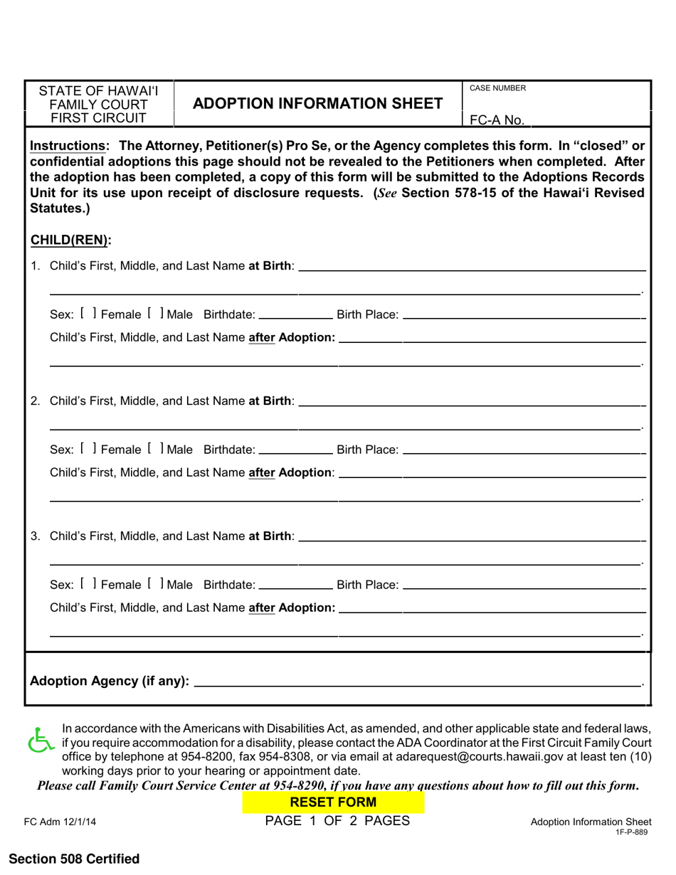 Form 1F P 889 Download Fillable PDF Or Fill Online Adoption Information 