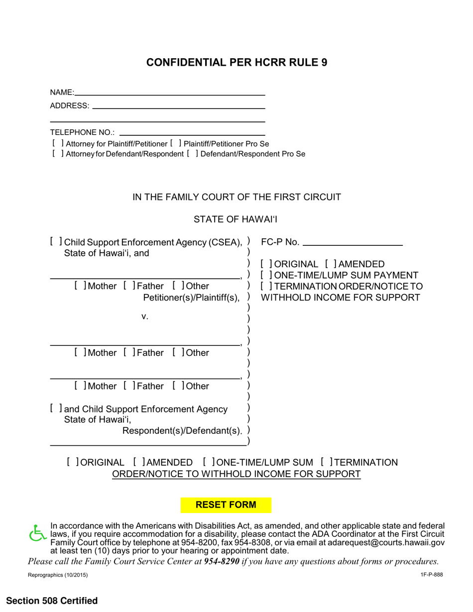 Form 1F-P-888 Order / Notice to Withhold Income for Support - Hawaii, Page 1