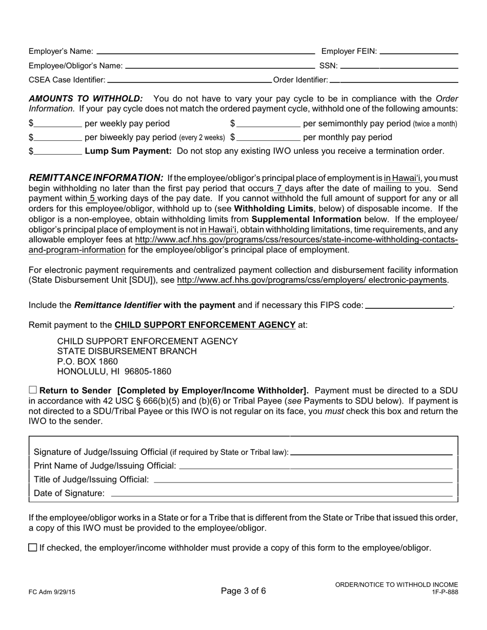 Form 1F-P-888 Order / Notice to Withhold Income for Support - Hawaii, Page 3