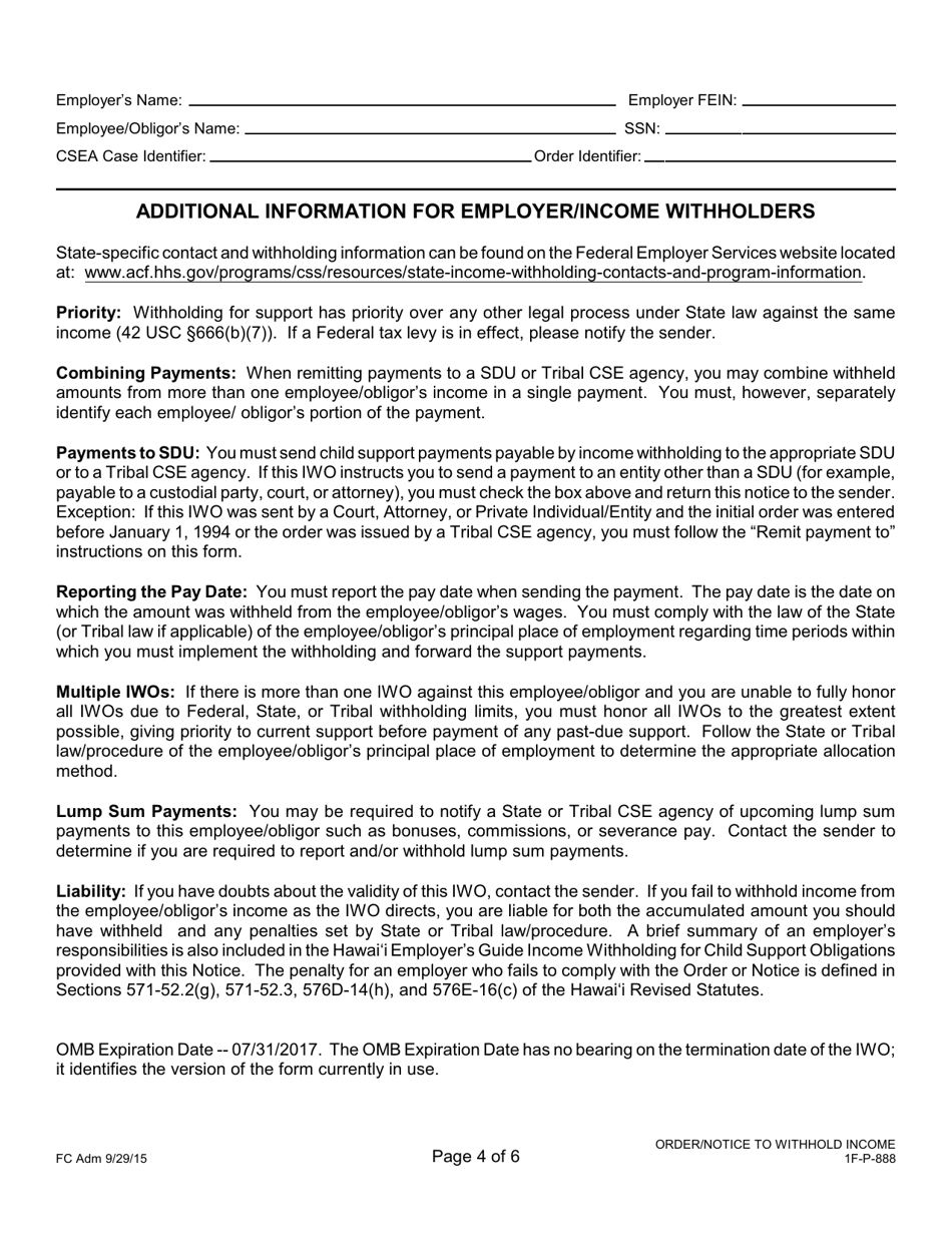 Form 1F-P-888 Order / Notice to Withhold Income for Support - Hawaii, Page 4