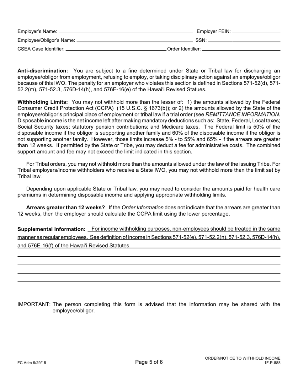 Form 1F-P-888 Order / Notice to Withhold Income for Support - Hawaii, Page 5