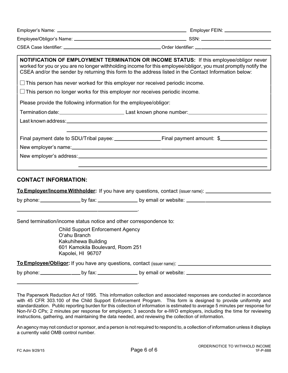 Form 1F-P-888 Order / Notice to Withhold Income for Support - Hawaii, Page 6
