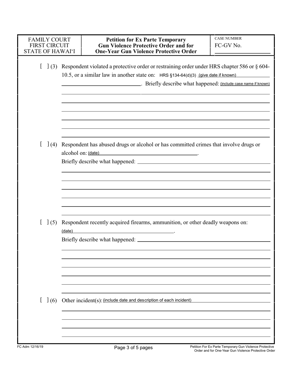 Form 1F-P-2091 Petition for Ex Parte Temporary Gun Violence Protective Order and Petition for One-Year Gun Violence Protective Order - Hawaii, Page 3