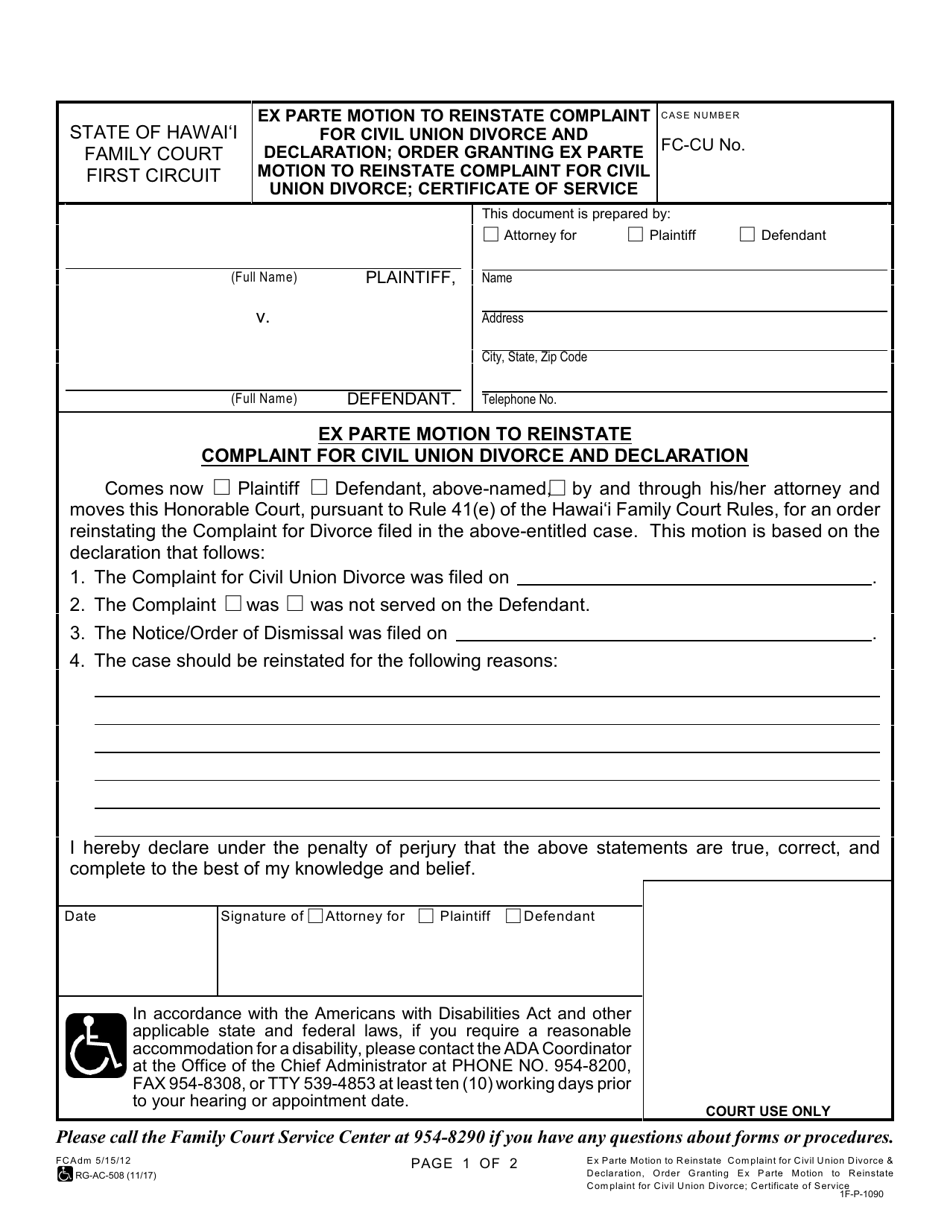 Form 1F-P-1090 Ex Parte Motion to Reinstate Complaint for Civil Union Divorce and Declaration - Hawaii, Page 1