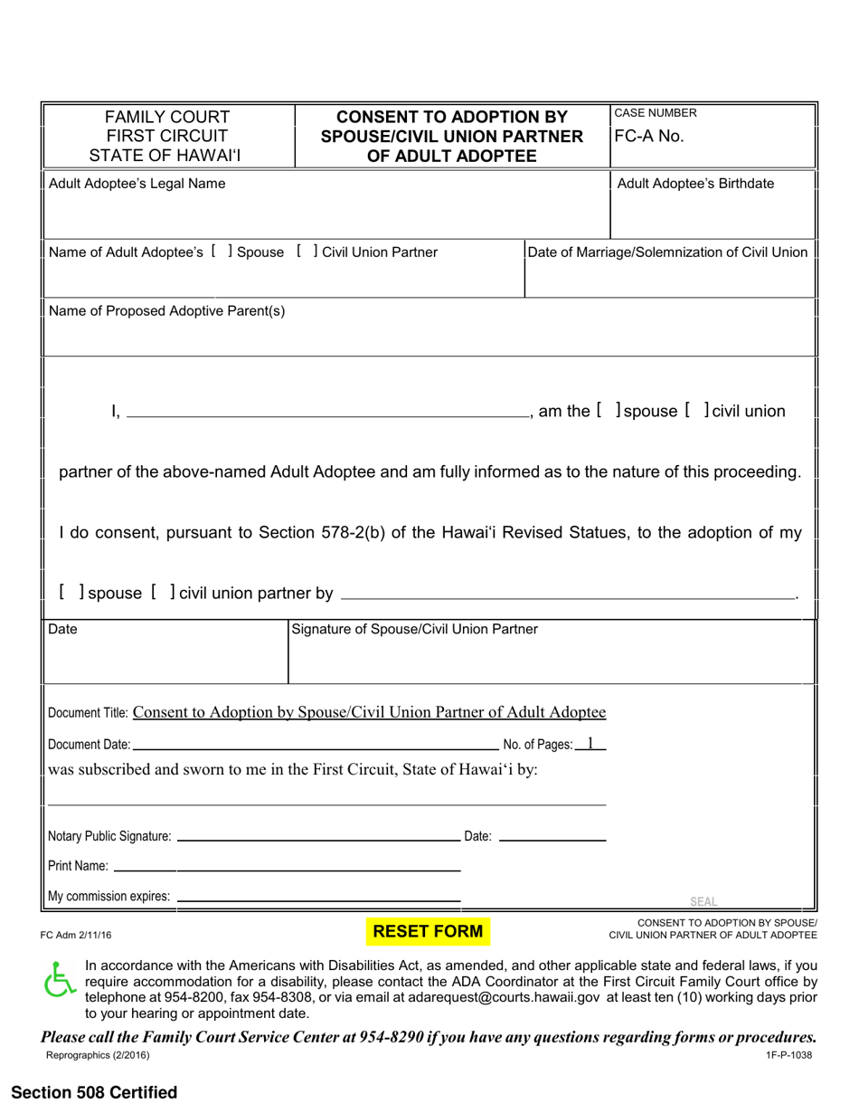 Form 1F-P-1038 Consent by Adult Adoptees Spouse / Civil Union Partner - Hawaii, Page 1