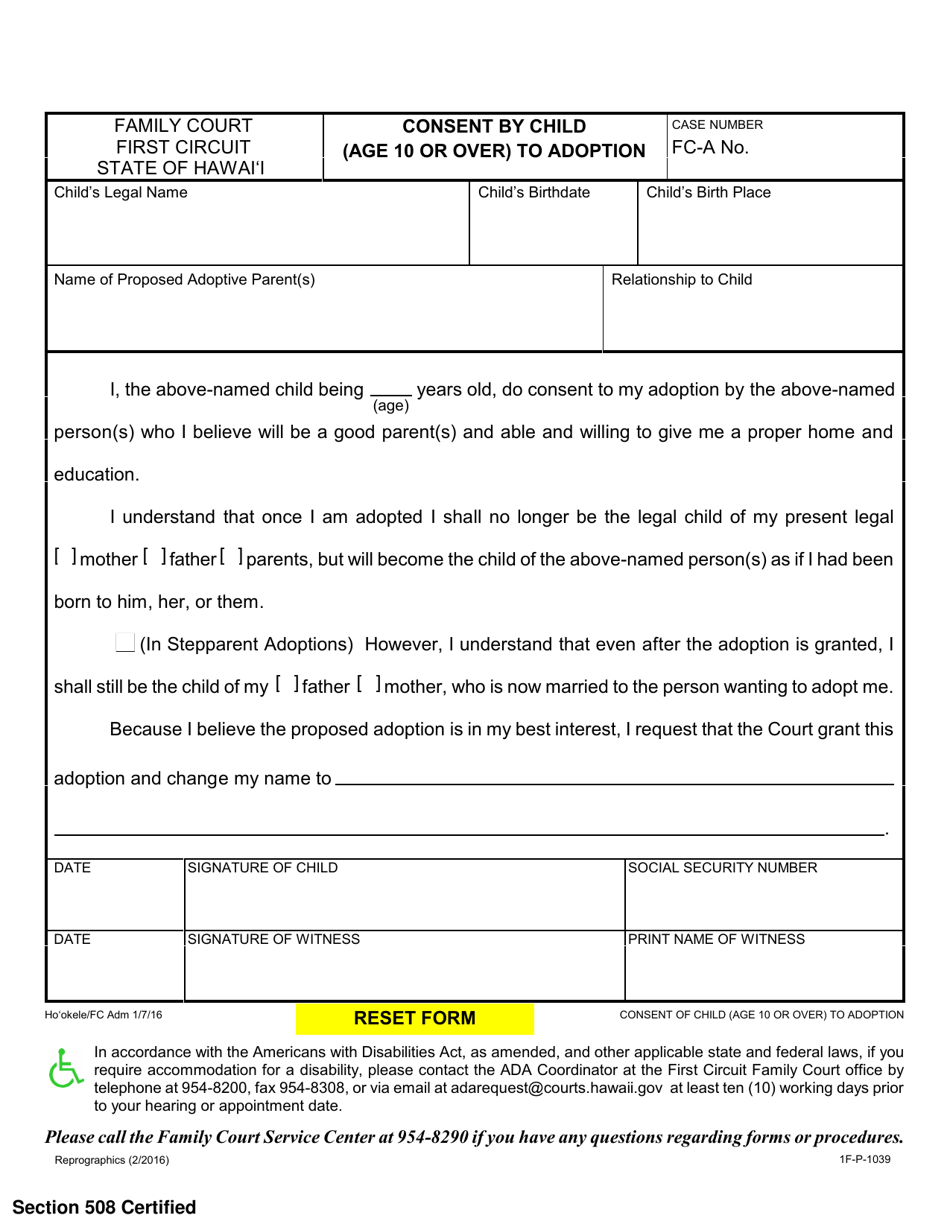 Form 1F-P-1039 Consent by Child (Age 10 or Over) to Adoption - Hawaii, Page 1