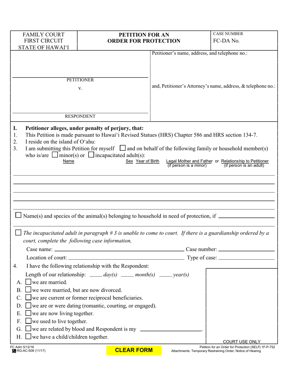 Form 1F-P-752 Petition for an Order for Protection - Hawaii, Page 1