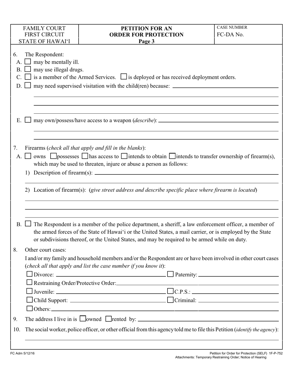 Form 1F-P-752 Petition for an Order for Protection - Hawaii, Page 3