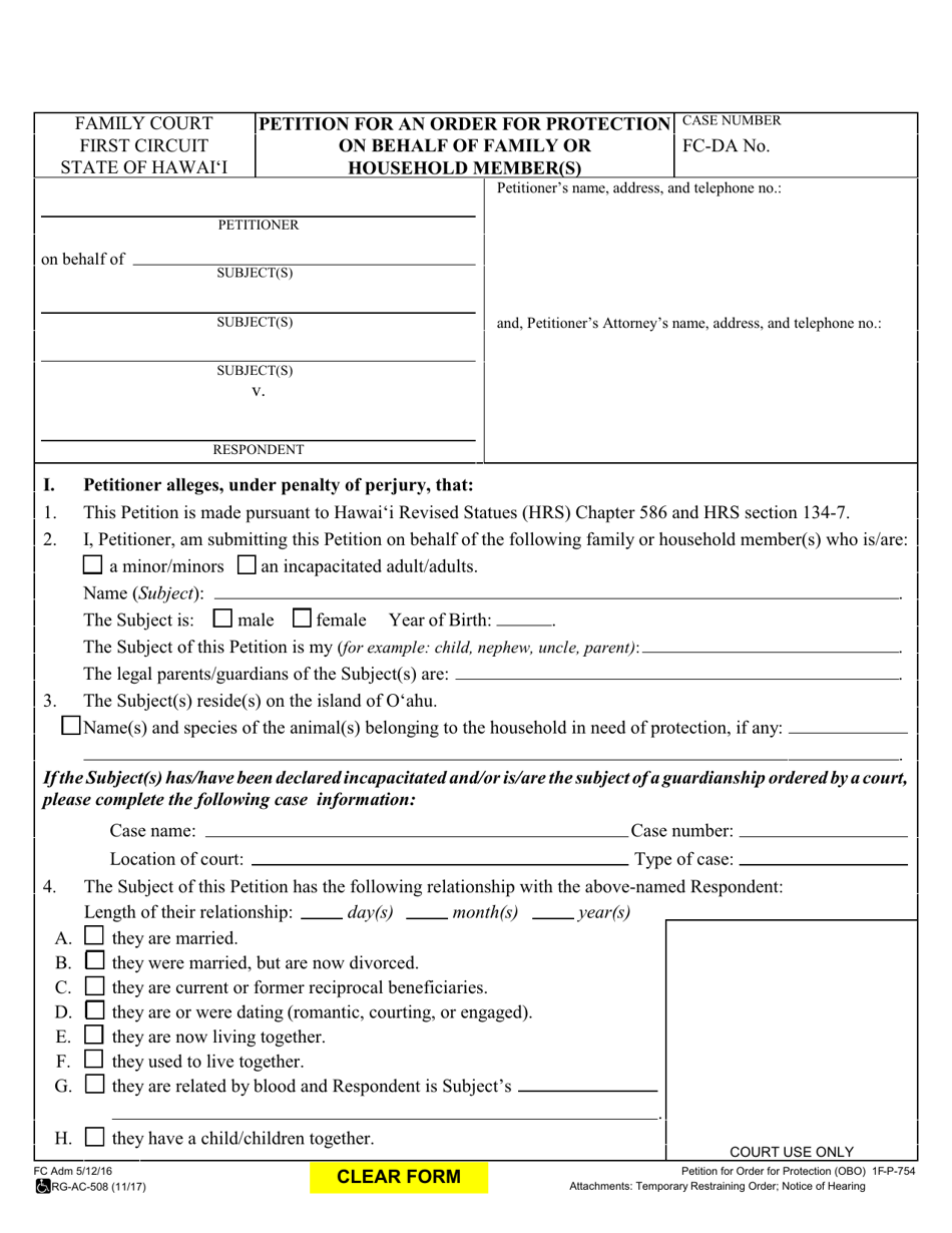 Form 1F-P-754 Petition for an Order for Protection on Behalf of a Family or Household Member(S) - Hawaii, Page 1