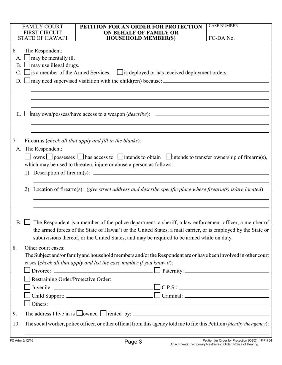 Form 1F-P-754 Petition for an Order for Protection on Behalf of a Family or Household Member(S) - Hawaii, Page 3
