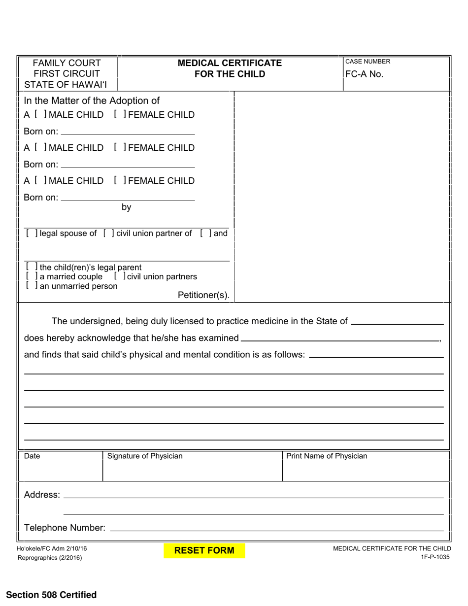 Form 1F-P-1035 Medical Certificate for the Child - Hawaii, Page 1