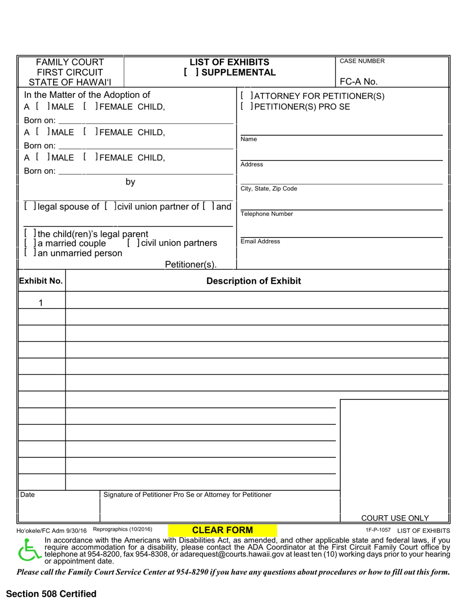 Form 1F-P-1057 List of Exhibits - Hawaii, Page 1