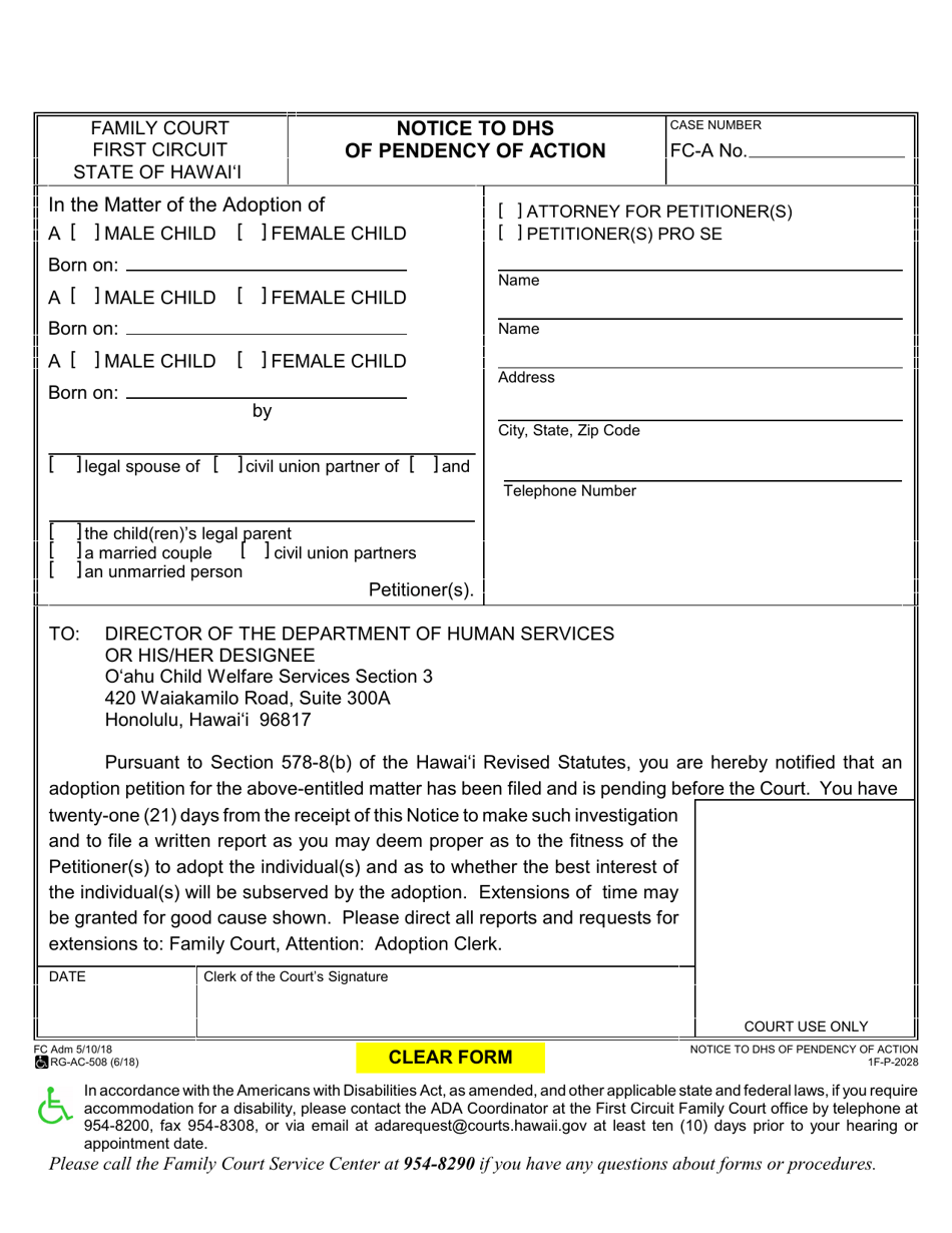 Form 1F-P-2028 Notice to DHS of Pendency of Action - Hawaii, Page 1