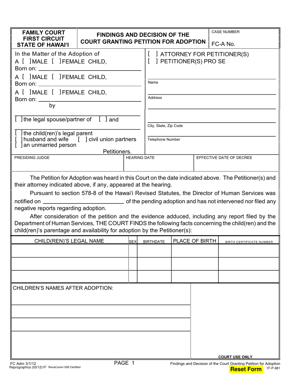 Form 1F-P-881 Findings and Decision of the Court Granting Petition for Adoption of a Child(Ren) - Hawaii, Page 1
