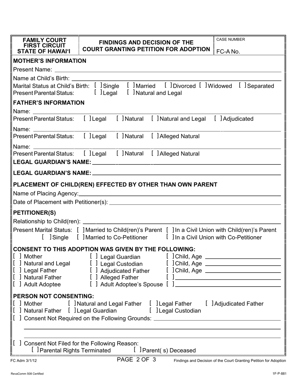 Form 1F-P-881 Findings and Decision of the Court Granting Petition for Adoption of a Child(Ren) - Hawaii, Page 2