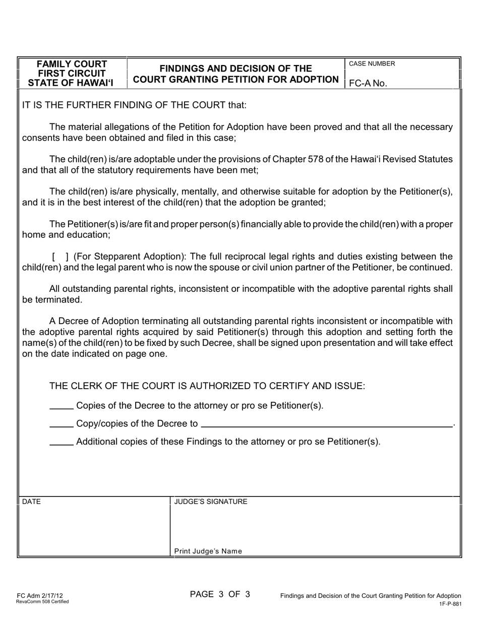 Form 1F-P-881 Findings and Decision of the Court Granting Petition for Adoption of a Child(Ren) - Hawaii, Page 3