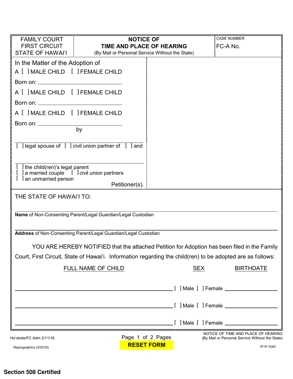Form 1F-P-1040 Notice of Time and Place of Hearing (By Mail or Personal Service Without the State) - Hawaii, Page 1