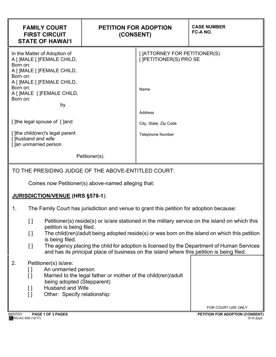 Form 1F-P-2024 Petition for Adoption (Consent) - Hawaii, Page 1