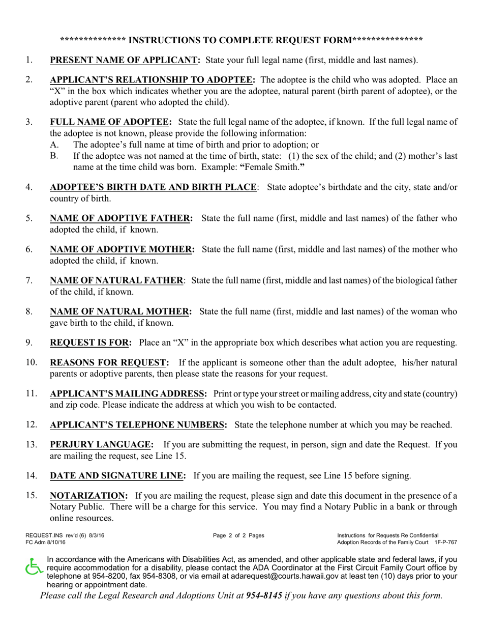 Instructions for Form 1F-P-770 Requests Regarding Confidential Adoption Records of the Family Court (Act 80 of 2016) - Hawaii, Page 2
