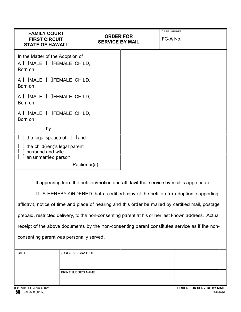 Form 1F-P-2026 Order for Service by Mail - Hawaii, Page 1