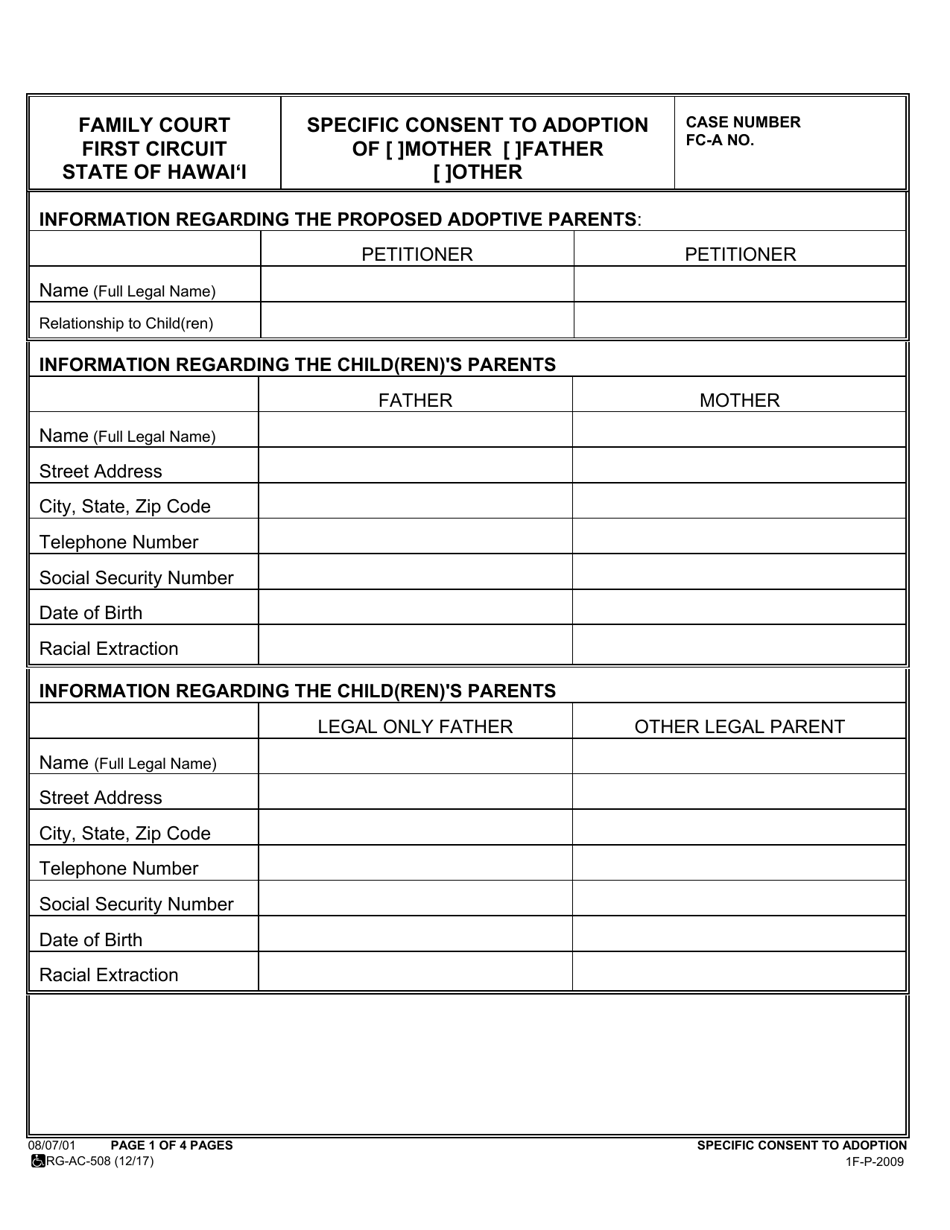 Form 1F-P-2009 Specific Consent to Adoption - Hawaii, Page 1