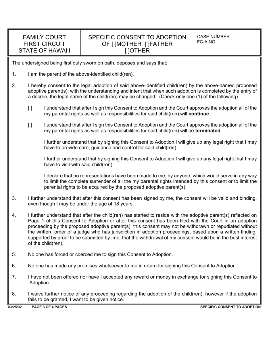 Form 1F-P-2009 Specific Consent to Adoption - Hawaii, Page 3