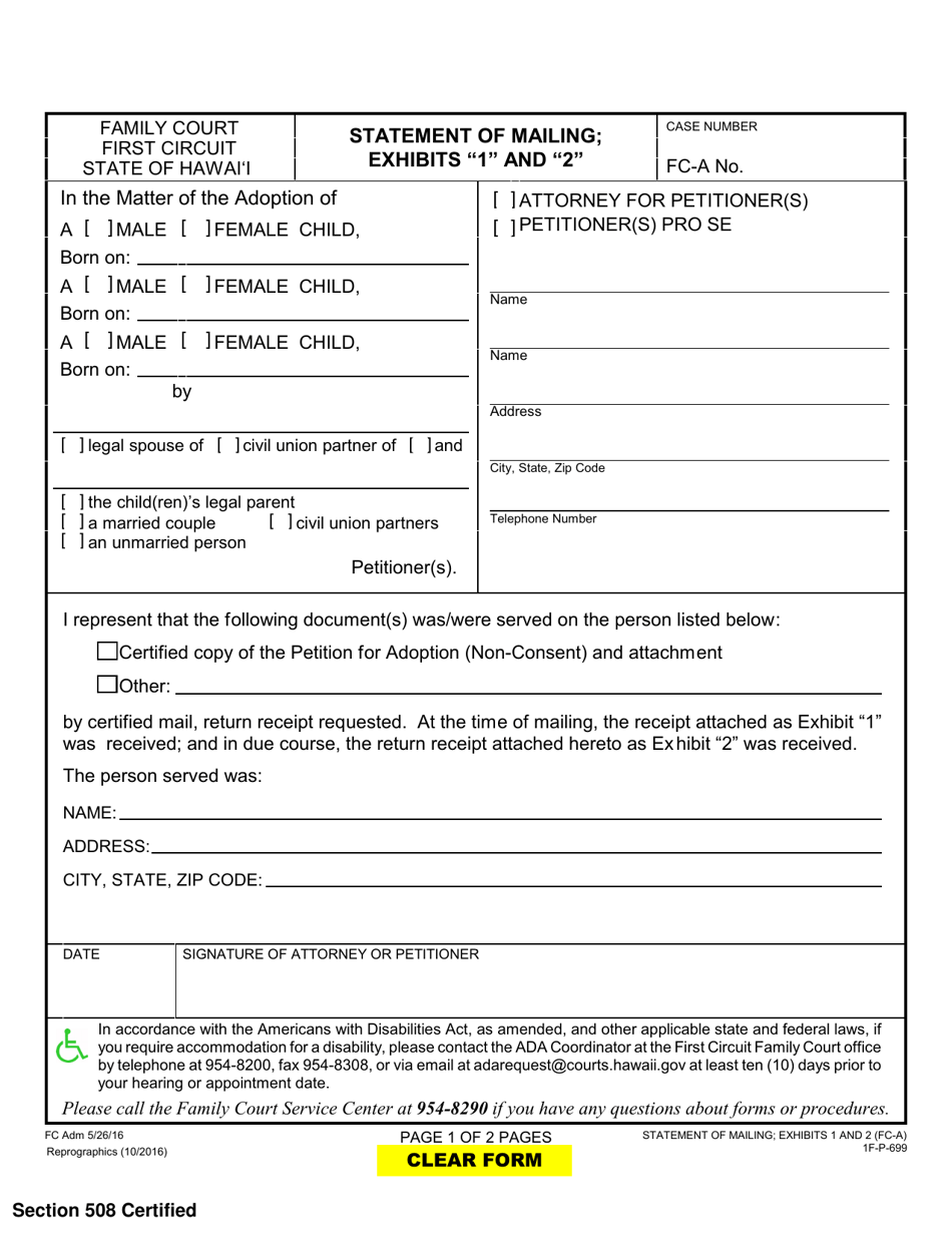 Form 1F-P-699 Exhibit 1, 2 Statement of Mailing - Hawaii, Page 1