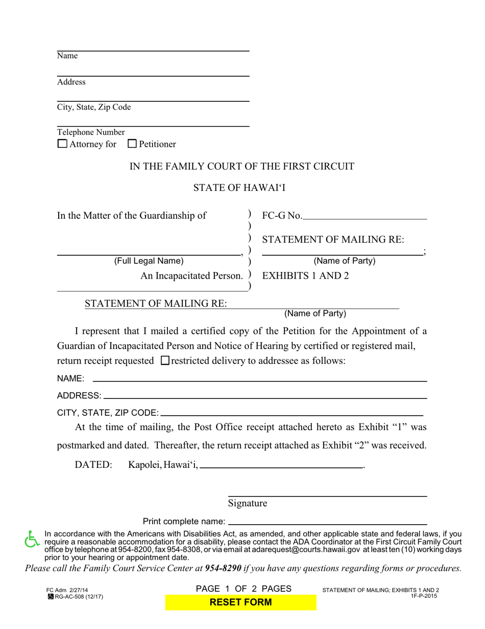 Form 1F-P-2015 Exhibit 1, 2 Statement of Mailing - Hawaii, Page 1
