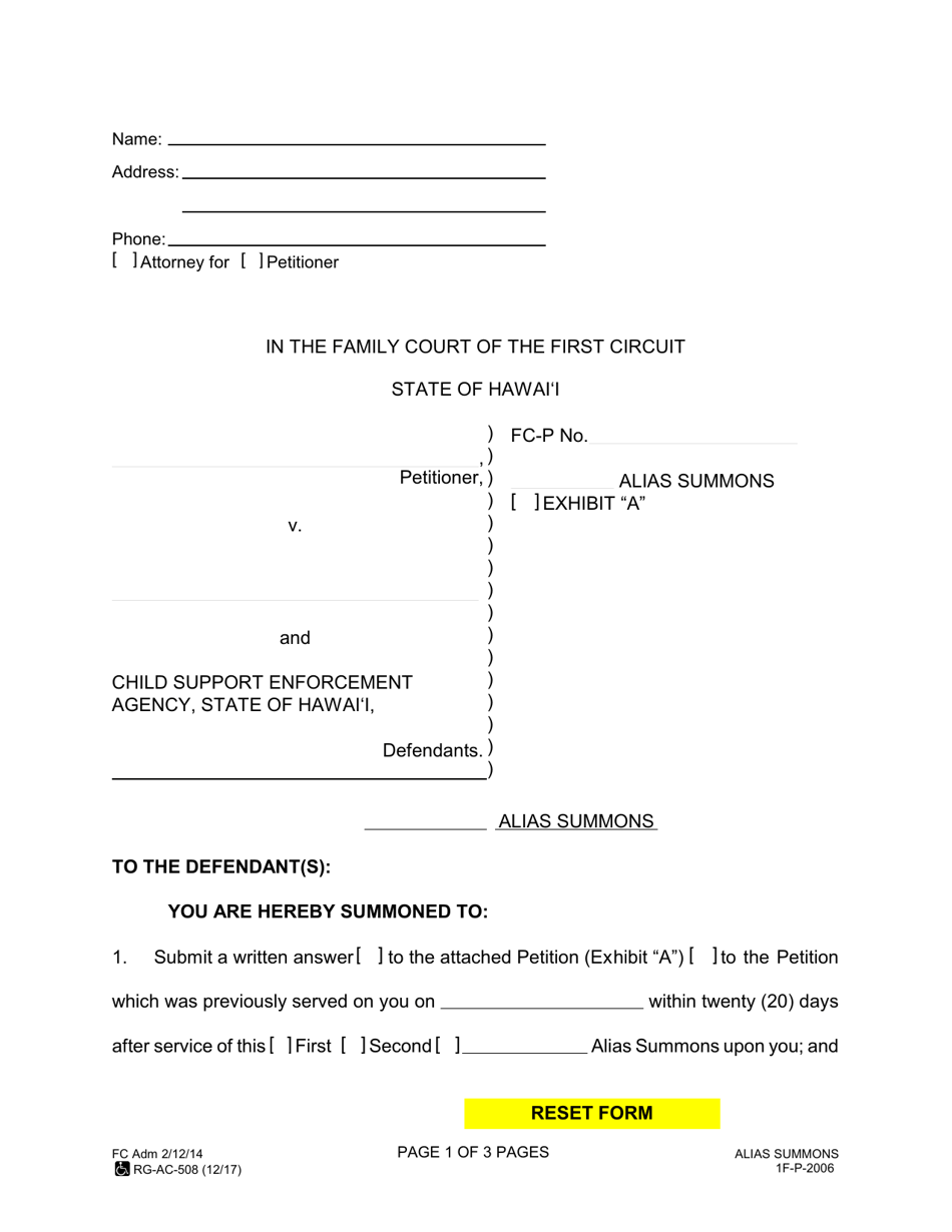 Form 1F-P-2006 Exhibit A Alias Summons - Hawaii, Page 1