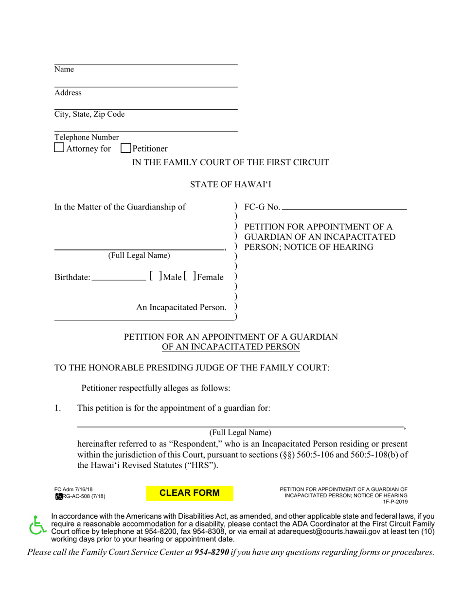 Form 1F-P-2019 Petition for Appointment of a Guardian of an Incapacitated Person; Notice of Hearing - Hawaii, Page 1