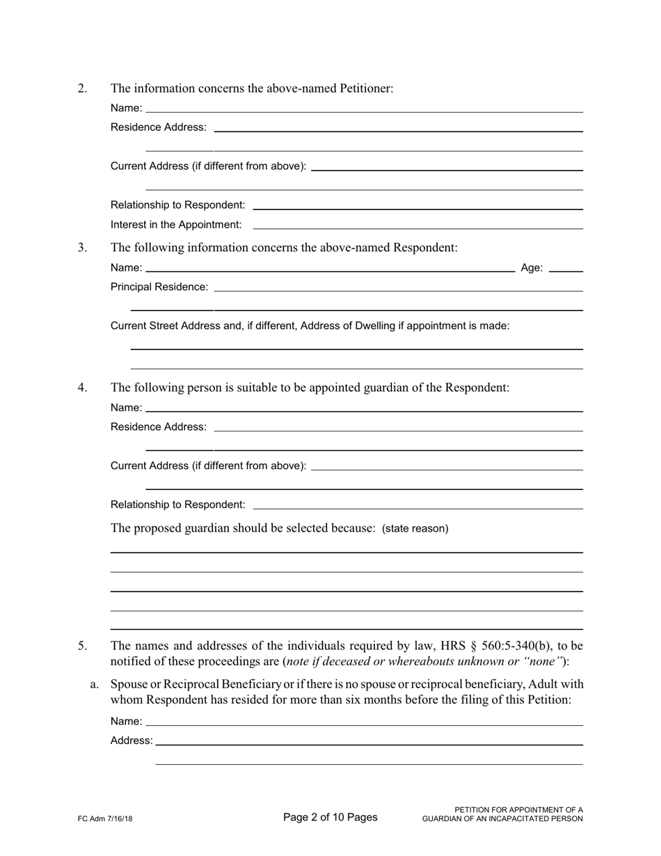 Form 1F-P-2019 Petition for Appointment of a Guardian of an Incapacitated Person; Notice of Hearing - Hawaii, Page 2