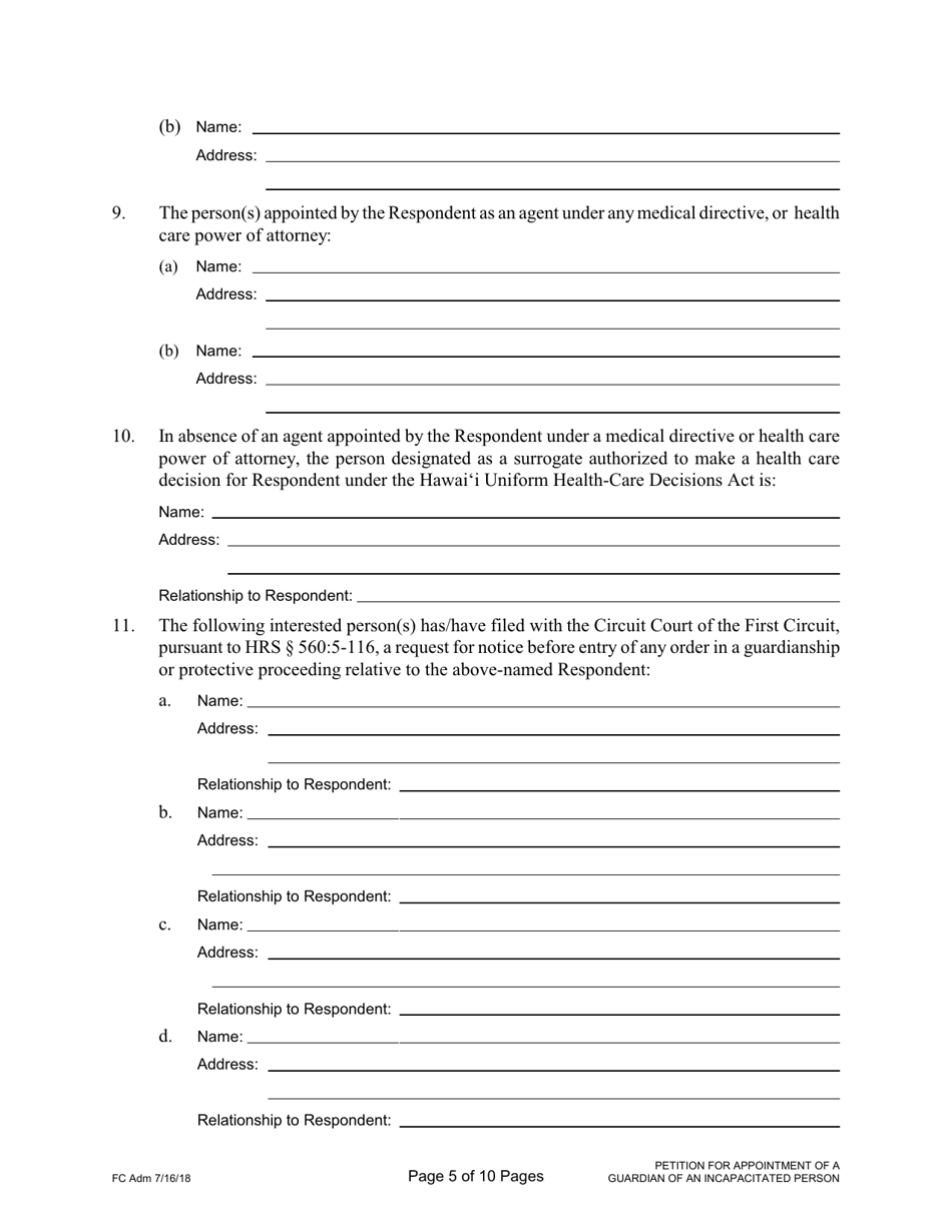 Form 1F-P-2019 Petition for Appointment of a Guardian of an Incapacitated Person; Notice of Hearing - Hawaii, Page 5